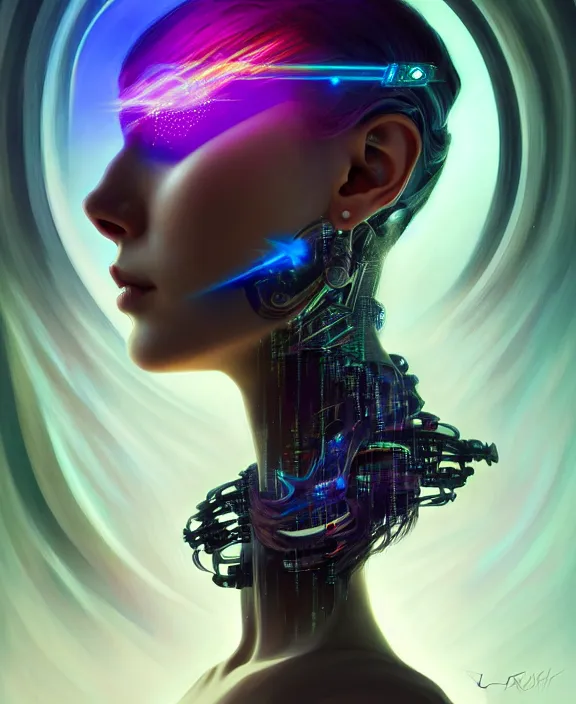 Image similar to a whirlwind of souls rushing inside the metaverse, hologram, half body, neurochip, shaved temple, piercing, jewelry, android, cyborg, cyberpunk face, by loish, d & d, fantasy, intricate, elegant, highly detailed, colorful, digital painting, artstation, concept art, art by artgerm and greg rutkowski and alphonse mucha