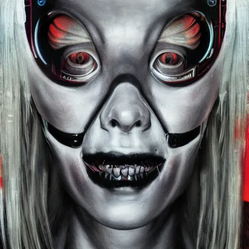 Prompt: cyberpunk portrait of Yolandi Visser, in the style of h.r giger, norman rockwell, giger, highly detailed, soft lighting, 8k resolution, oil on canvas