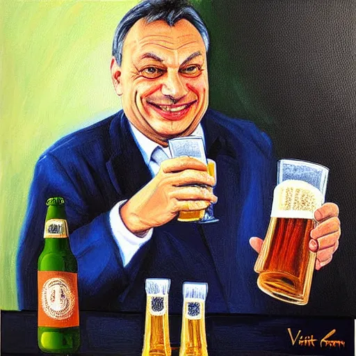 Prompt: viktor orban beer brewing at home, oil painting