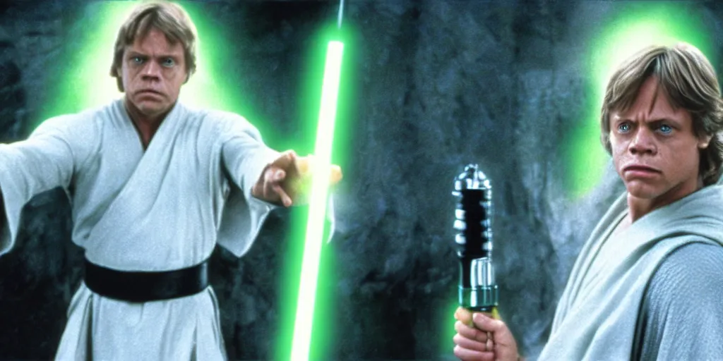 Image similar to a still from a film featuring middle aged mark hamill as jedi master luke skywalker, holding a green lightsaber by the hilt, full body, 3 5 mm, directed by steven spielberg, 1 9 9 9