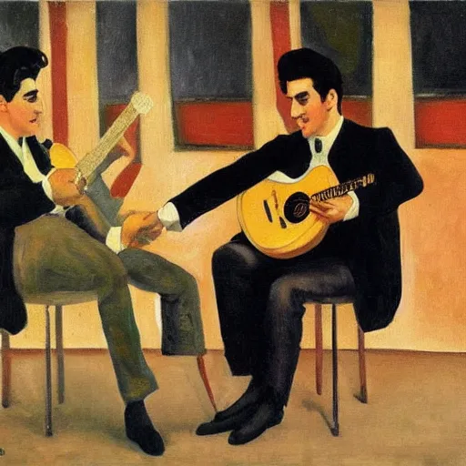 Image similar to elvis and marcel proust jamming together in paris, 1 9 2 2, oil painting,