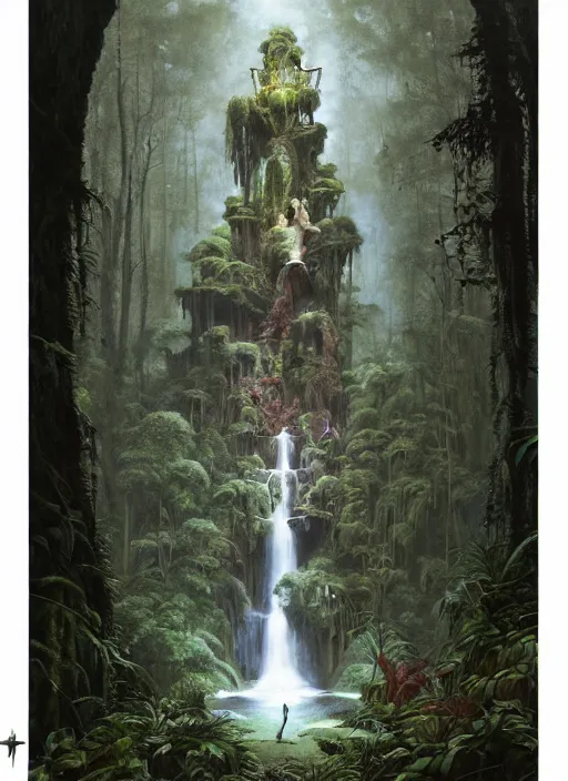 Image similar to a hyper realistic architectural witch shrine under a waterfall in the woods, gorgeous lighting, lush forest foliage, painting by chiara bautista and tom bagshaw, muca beksinski and norman rockwell and greg rutkowski weta studio, and lucasfilm