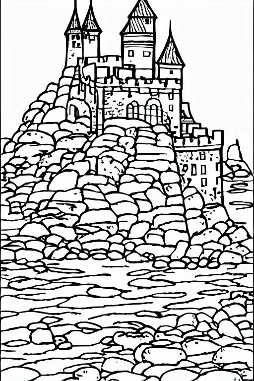 Prompt: an old castle on a seaside cliff coloring book, line art, simple, low detail