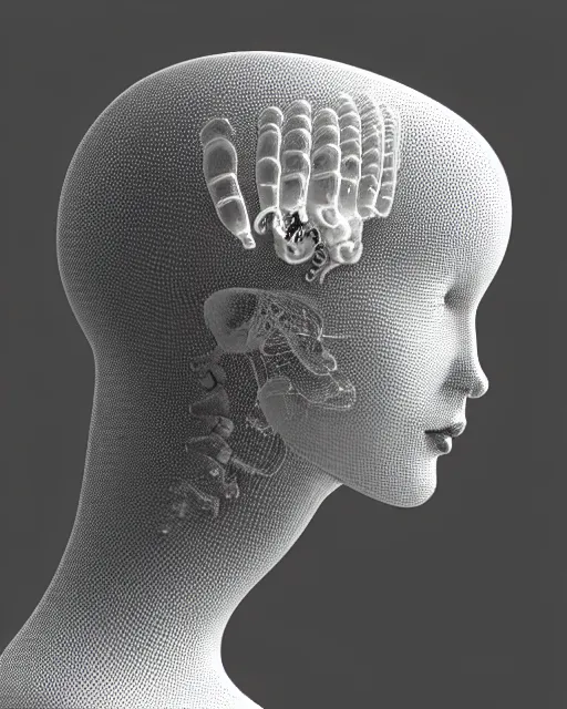 Image similar to mythical dreamy black and white organic translucent bio-mechanical spinal ribbed profile face portrait detail of mechanical beautiful female angelic-snowy-human-doll, highly detailed, intricate crystal jelly steampunk ornate, poetic, 3D render, digital art, octane render, 8K artistic photography, photo-realistic, by Dora Maar