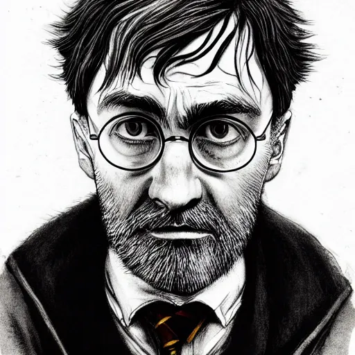 Prompt: a close up portrait of harry potter as an old man with full hair, art station, highly detailed, focused gaze, concept art, sharp focus, illustration in pen and ink, wide angle, by Kentaro Miura