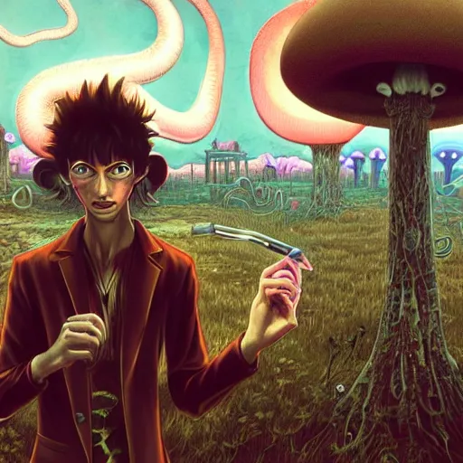 Image similar to A centered chest up portrait of a psychedelic demonic anthropomorphic snake smoking a hand-rolled cigarette smoking heavily , magic mushroom village in background , award winning. superb resolution. in the art style of junji Ito and greg rutkowski . Detailed Mushroom city in background. Hyper realistic anime. Perfect art. Dalle2