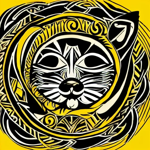 Prompt: tattoo sketch of a cat, one eye, hugging the sun, on a yellow paper, maori ornament, polinesian style, minimum details, vector