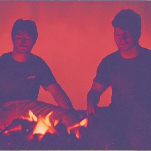 Image similar to grainy low quality 90s poloraid photo of a couple guys wearing Synthwave style shirts near a campfire, scanned photo, visual photo artifacts