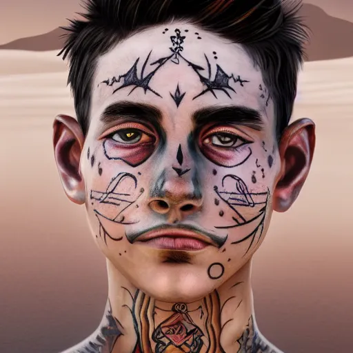 Image similar to a detailed portrait of a boy with a face tattoo in the desert, fantasy art illustration, incredibly highly detailed and realistic, 8 k, sharp focus