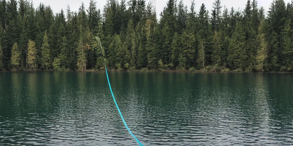 Prompt: centered colored photograph of a long rope snaking across the surface of the water, stretching out towards the center of the lake, a dark lake on a cloudy day, trees in the background, anamorphic lens