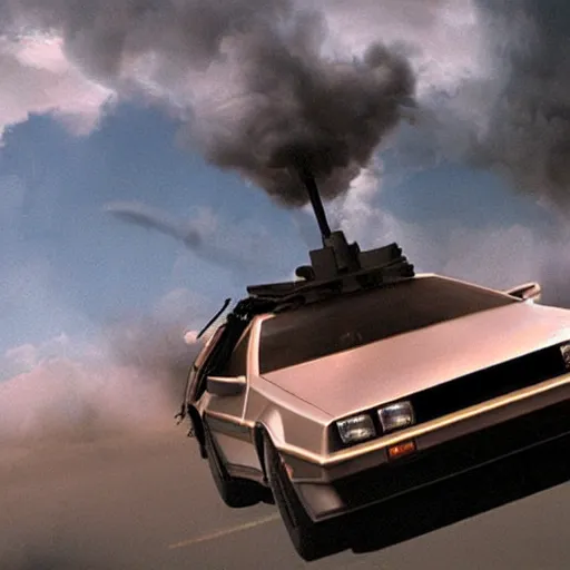 Prompt: photorealistic matte painting of a delorean with weapons, madd maxx movie scene