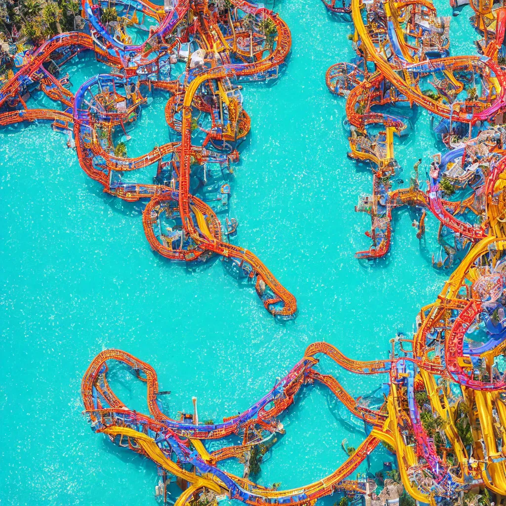 Image similar to colorful rollercoasters over pools of bright blue water, birds eye view