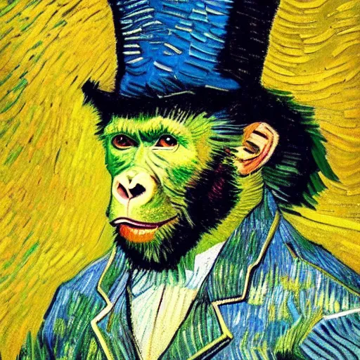 Image similar to a van gogh painting of a gorilla wearing a top hat, 4 k, hyper realistic, dslr, landscape, high resolution