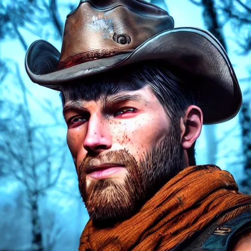 Image similar to A comic book style portrait painting of a male ranger with cowboy hat in a a post apocalyptic winter landscape, unreal 5, DAZ, hyperrealistic, octane render, RPG portrait, ambient light, dynamic lighting