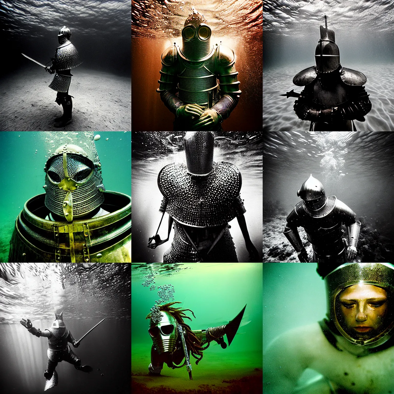 Prompt: Underwater photo of a beautiful medieval knight by Trent Parke, close up, metallic patterns, clean, detailed