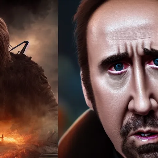 Image similar to nicolas cage in a star wars movie (original trilogy), octane render, highly detailed digital art, digital photography, concept art, unreal engine, 4k, 8k, ultra HD, fun, laughs, dark humour