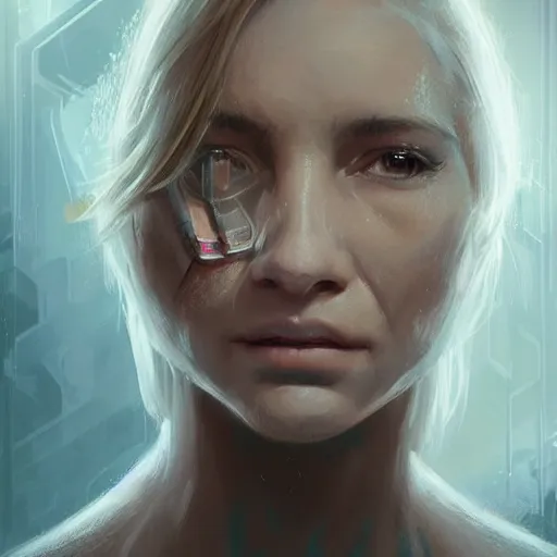 Prompt: portrait of a woman by greg rutkowski, she is about 3 0 years old, pretty, blond hair with two strans around her face, crying, helplessness and denial, she is wearing a futuristic space gear, highly detailed portrait, digital painting, artstation, concept art, smooth, sharp foccus ilustration, artstation hq.