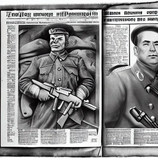 Prompt: soviet newspaper with photo of shrek as soviet sniper of red army, with rifle, ww 2, portrait