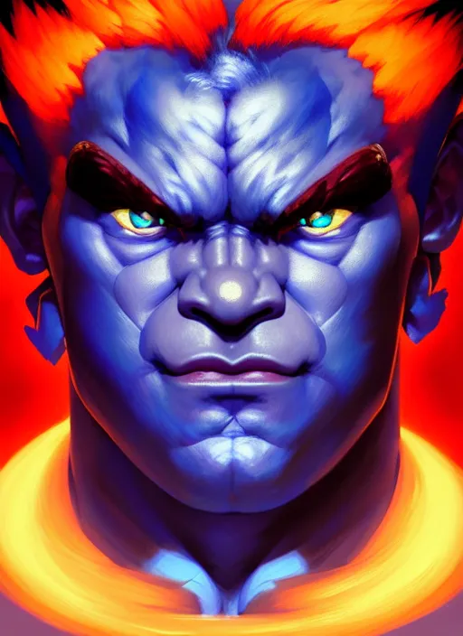 Image similar to symmetry!! portrait of blue akuma, street fighter, global illumination!! intricate, elegant, highly detailed, digital painting, artstation, concept art, smooth, sharp focus, illustration, art by artgerm and greg rutkowski and alphonse mucha