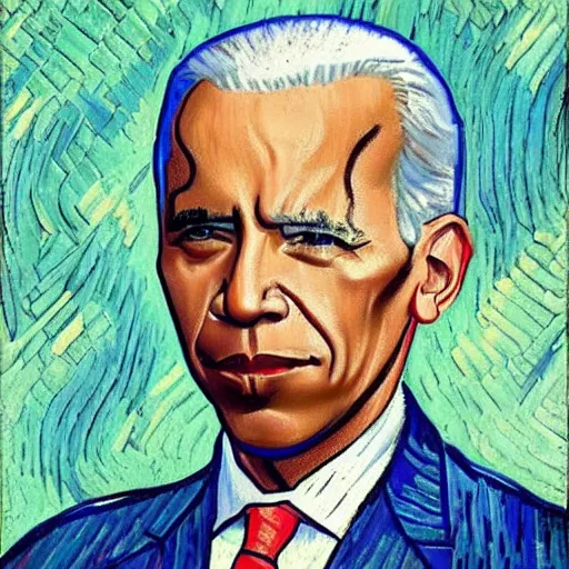 Prompt: a fusion of Barack Obama and Joe Biden painted by Vincent Van Gogh, presidential fusion, mix of Biden and Obama, presidential cross, portrait, oil painting by Van Gogh