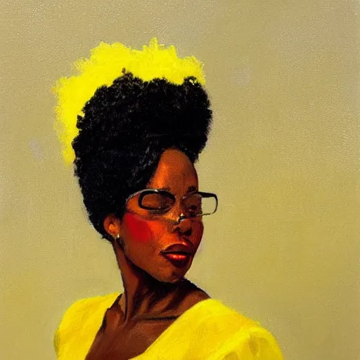 Image similar to african american woman wearing a yellow tutu, portrait artwork by jack vettriano h 6 4 0