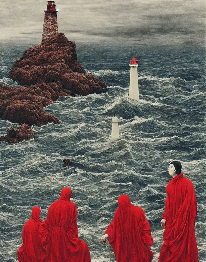 Image similar to worshippers in red robes belonging to the cult of the lighthouse on the rocky shore right in front of the lighthouse, high detailed beksinski painting, part by adrian ghenie and gerhard richter. art by takato yamamoto. masterpiece, deep colours, blue