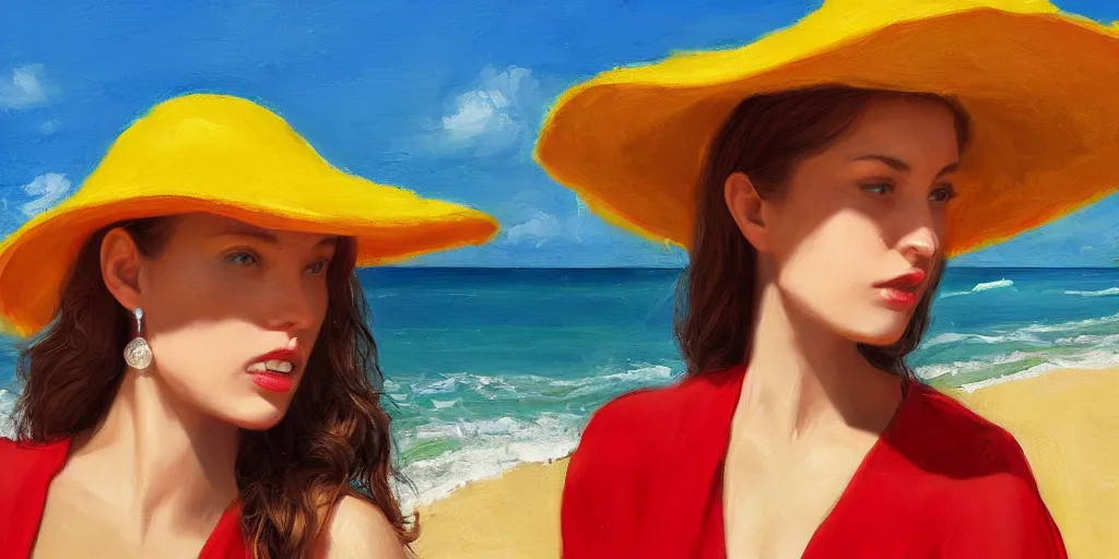 Image similar to beautiful oil matte portrait painting, young woman with red dress and mustard yellow summer hat at a beach on a sunny day, wonderful masterpiece highly detailed, beautiful cinematic light deep focus, elegant, digital painting, smooth, sharp focus, golden ratio, dramatic illumination, ultra realistic, 8 k, art by jimmy law