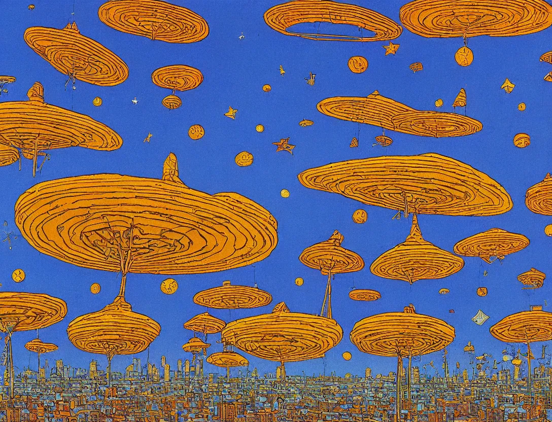 Image similar to ufos flying mysterious flags over a small city, low angle, stylized, sparse detail, by mati klarwein and moebius