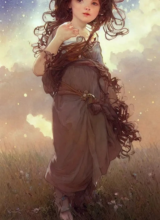 Image similar to A cute little girl with short curly brown hair. She is standing in a field at night looking up and the sky is filled with constellations. beautiful fantasy art by By Artgerm and Greg Rutkowski and Alphonse Mucha, trending on artstation.