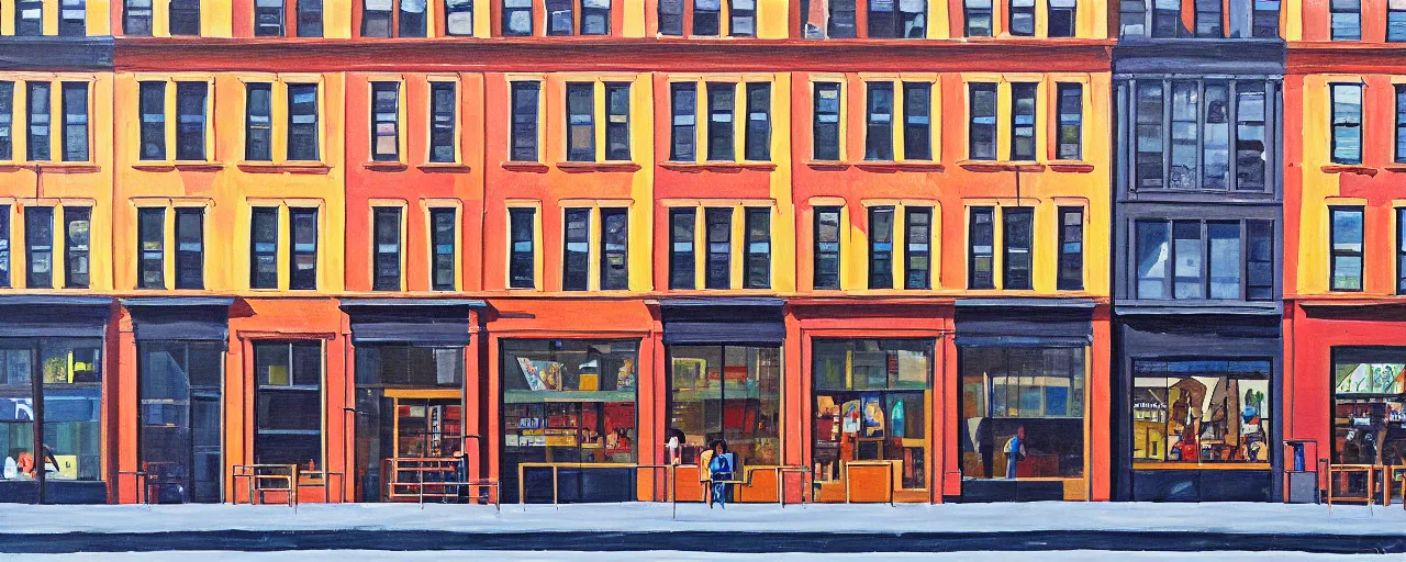 Image similar to painting of a building facade. storefronts. city block. new york.