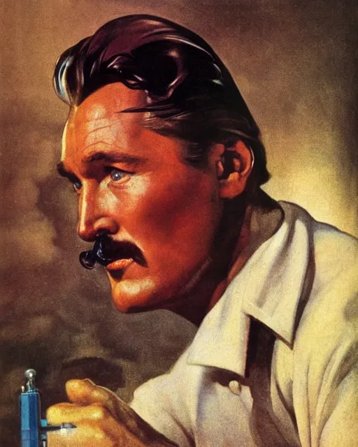 Image similar to Errol Flynn as a scientist. 1980s dystopian Soviet Russia, propaganda screens. By Greg Rutkowski, Gustave Courbet, Rosa Bonheur, Edward Hopper, Ilya Yefimovich Repin, Jean-François Millet, Andrew Newell Wyeth. Faithfully depicted facial expression, perfect anatomy global illumination, radiant light, detailed and intricate environment