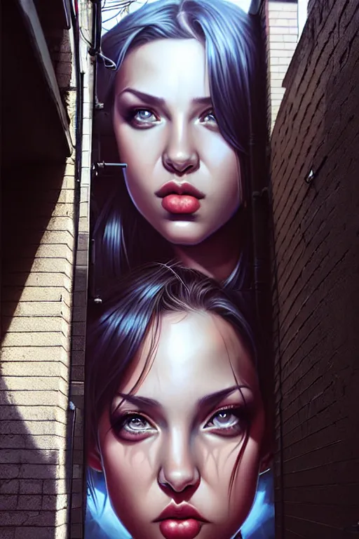 Image similar to Photorealistic hyperrealism in a shady backalley by Artgerm and WLOP