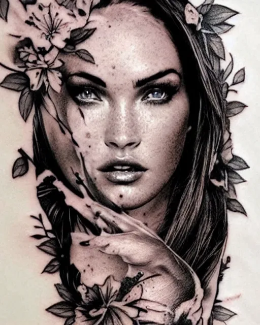 Image similar to double exposure effect tattoo design sketch of megan fox with amazing mountain scenery, realism tattoo, in the style of den yakovlev, amazing detail, sharp