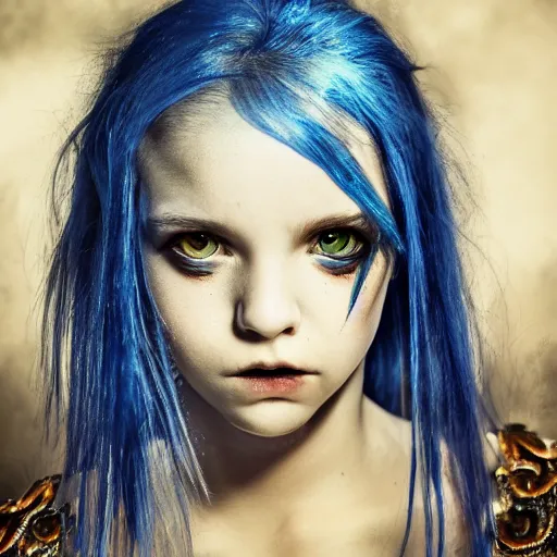 Image similar to portrait of young girl half dragon half human, dragon girl, dragon skin, dragon eyes, dragon crown, blue hair, long hair, highly detailed, cinematic lighting, by Tim Burton and Robert Eggers