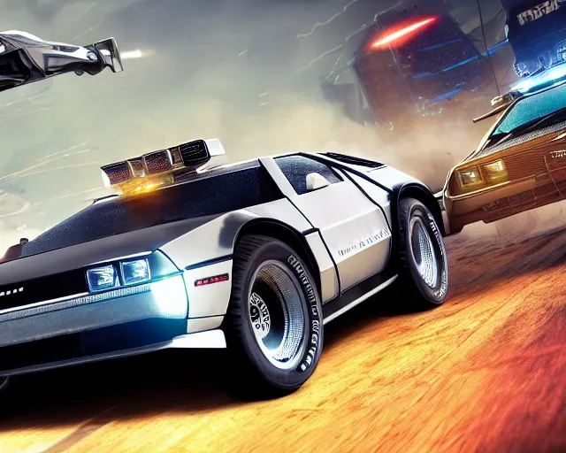 Image similar to photo of a vehicle concept design delorean racing on a science fiction race track, rocket league tank mad max global illumination ray tracing hdr, gta 5 comics, makoto shinkai, borderlands, fast and furious, octane