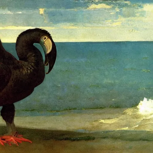 Image similar to huge dodo bird with its feet standing in the ocean, painting by albert bierstadt and winslow homer, highly detailed