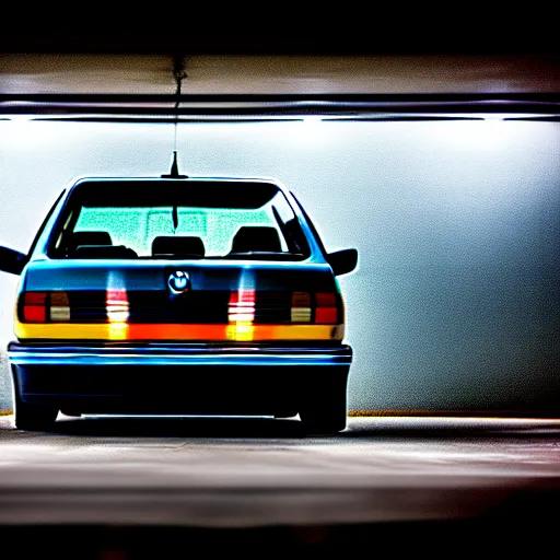 Image similar to a modified bmw e 3 0 with lights on in a futuristic neon parking garage, 3 5 mm photography, car photography, clean lines, realistic