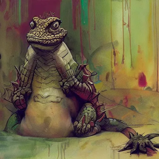 Image similar to Graffiti a gnome metamorphoses into an iguana in stages concept art by frank frazetta simon stalenhag greg rutkowski andrew wyeth niel welliver peter doig robert rauschenberg mark ryden