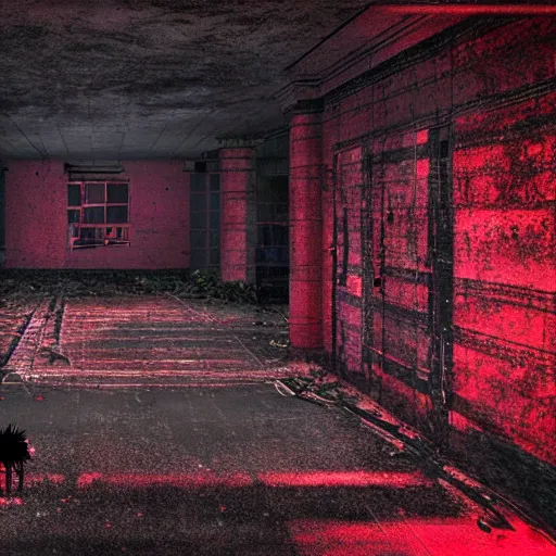 Image similar to cctv of an extremely dark empty abandoned building with glowing humanoid cryptid made out of television static, dark deep black shadows, red and black color contrast in the style of trevor henderson, liminal space, 3 d render, glitch effect