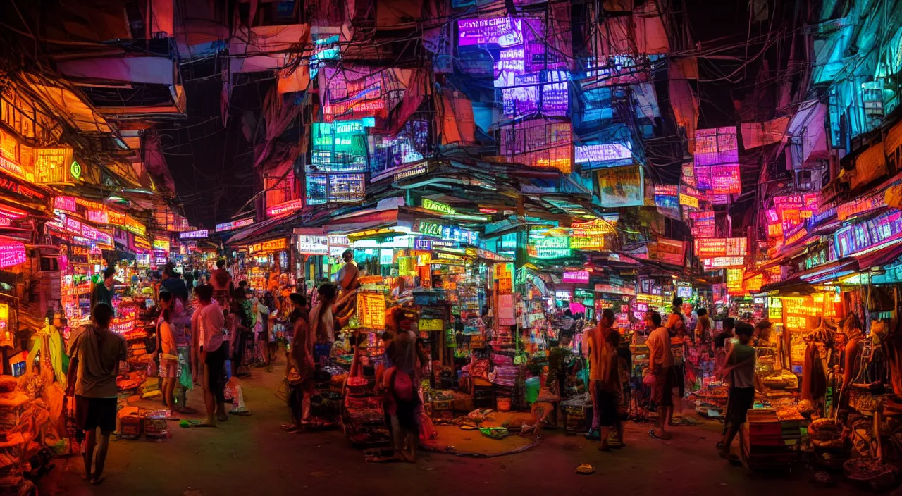 Image similar to Cyberpunk Market, futuristic Phnom-Penh Cambodia, neon lighting