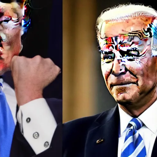 Image similar to Donald Trump superhero striking Joe Biden in Whitehouse