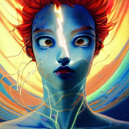 Image similar to prompt : blue lightning portrait soft light painted by james jean and katsuhiro otomo and erik jones, inspired by evangeleon anime, smooth face feature, intricate oil painting, high detail illustration, sharp high detail, manga and anime 1 9 9 9