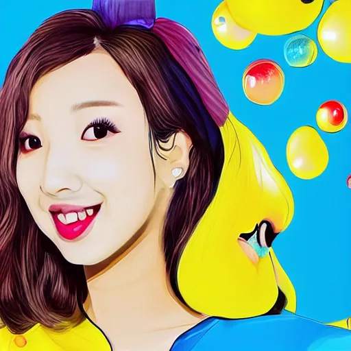 Image similar to an illustration that caricaturizes im nayeon of twice, highly detailed, refined spontaneity, colorful, bubbles, candy - coated, sugary sweet, yellows and blues