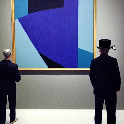 Image similar to in an art gallery, there is a huge painting of carmen herrera blue with white line. a man in a top hat and a suit iadmiring the painting. cgsociety, surrealism, surrealist, dystopian art, purple color scheme