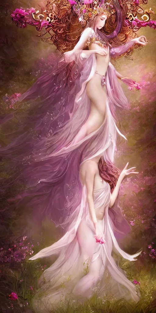 Image similar to A beautiful fantasy empress, full body, just one head, flower tiara, long hair, wearing dramatic aristocrat robe, delicate figure, field of fantasy flowers, many foxes and deer, fractal crystal, epic composition, ultra wide-shot, dynamic pose, concept art, dramatic lighting, digital painting, smooth, character design, sharp focus, elegant, intricate, trending on artstation, by WLOP and James Jean and Victo Ngai