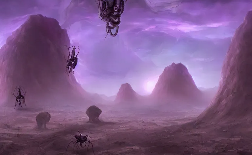 Image similar to matte painting of ant aliens, trending in artstation, purple color lighting