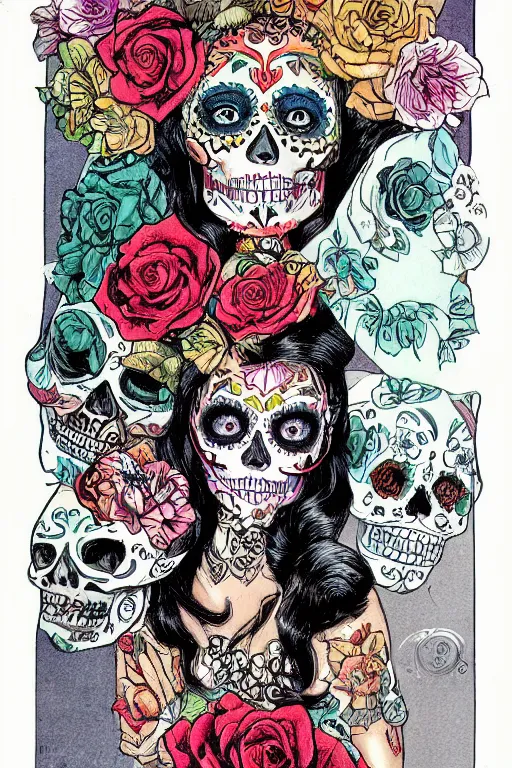 Image similar to Illustration of a sugar skull day of the dead girl, art by m w kaluta