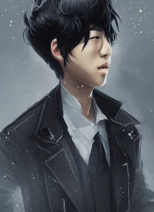 Image similar to a highly detailed illustration of young attractive black haired korean guy wearing black detective coat with coattails, heroic pose, strings background, intricate, elegant, highly detailed, centered, digital painting, artstation, concept art, smooth, sharp focus, league of legends concept art, wlop.