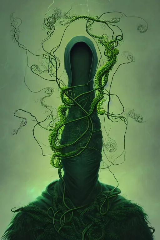 Image similar to A full body portrait of a mysterious shaman (no face) with a very long hooded dark green and yellow cloak tentacles and vines coming out the ground art by Maciej Kuciara and Jason Chan, ominous, cosmic horror, trending on artstation, Ultra detailed, hyper realistic 4k
