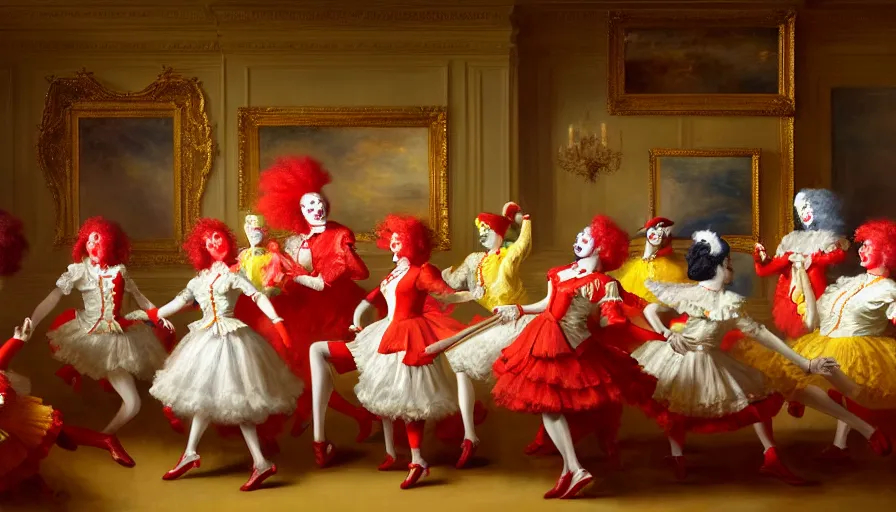 Image similar to highly detailed painting of a group of ronald mcdonald clowns with red afros, white facepaint, red noses and yellow waltzing gracefully at a prestigious event in the ballroom by william turner, by greg rutkowski, by william constable, thick brush strokes and visible paint layers, 4 k resolution